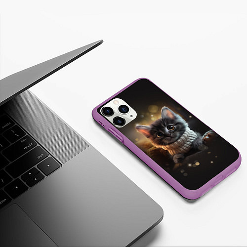 Чехол iPhone 11 Pro матовый Котенок в свитере - нейросеть / 3D-Фиолетовый – фото 3