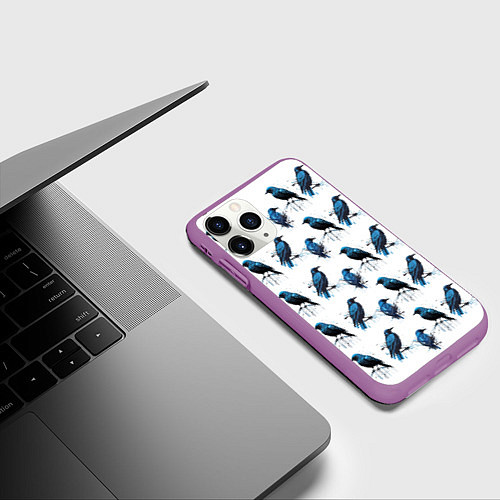 Чехол iPhone 11 Pro матовый Чёрно-синие вороны и капли краски / 3D-Фиолетовый – фото 3