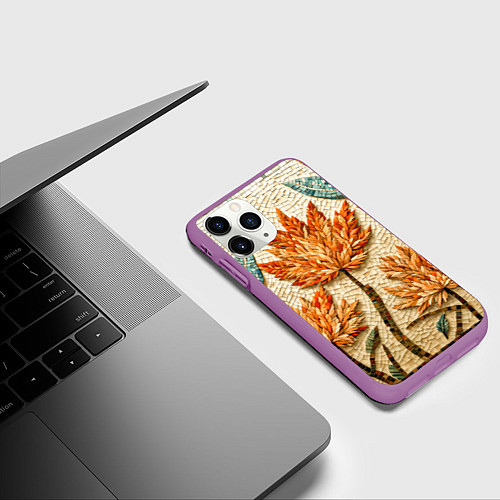 Чехол iPhone 11 Pro матовый Мозаика осенняя листва в теплых тонах / 3D-Фиолетовый – фото 3