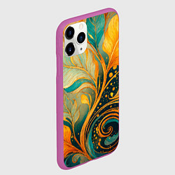 Чехол iPhone 11 Pro матовый Золотые и бирюзовые листья абстракция, цвет: 3D-фиолетовый — фото 2