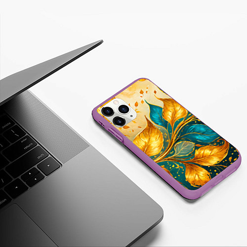 Чехол iPhone 11 Pro матовый Листья абстрактные золото и бирюза / 3D-Фиолетовый – фото 3