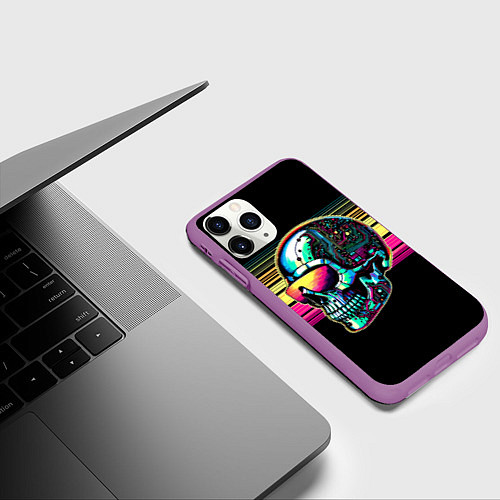 Чехол iPhone 11 Pro матовый Cyber skull - ai art fantasy / 3D-Фиолетовый – фото 3