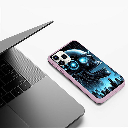 Чехол iPhone 11 Pro матовый Cyberpunk skull - metropolis neon glow / 3D-Розовый – фото 3