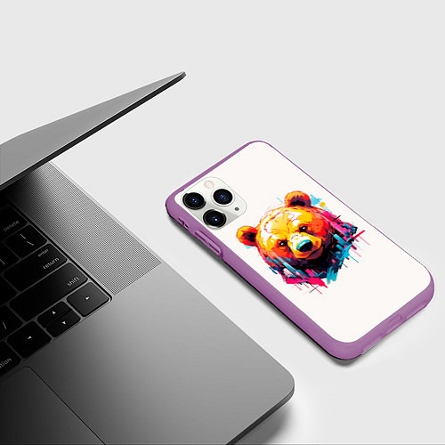 Чехол iPhone 11 Pro матовый Мишка в городе: голова медведя на фоне красочного / 3D-Фиолетовый – фото 3