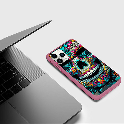 Чехол iPhone 11 Pro матовый Cool skull - graffiti ai art / 3D-Малиновый – фото 3