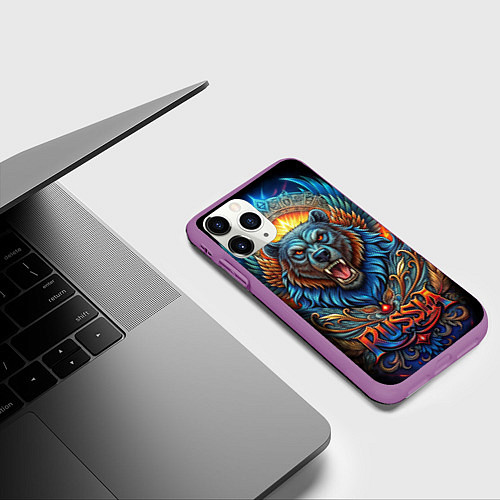 Чехол iPhone 11 Pro матовый Суровый русский медведь / 3D-Фиолетовый – фото 3