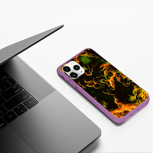 Чехол iPhone 11 Pro матовый Жёлтое огненное пламя инферно - inferno yellow / 3D-Фиолетовый – фото 3