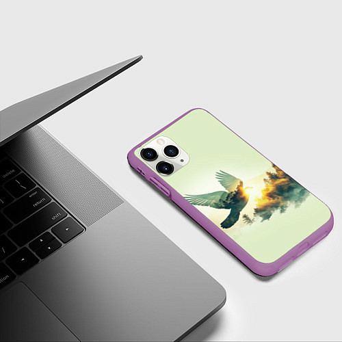 Чехол iPhone 11 Pro матовый Голубь и лес: эффект двойной экспозиции / 3D-Фиолетовый – фото 3