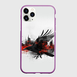 Чехол iPhone 11 Pro матовый Силуэт черного ворона и города, цвет: 3D-фиолетовый