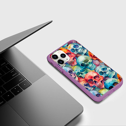 Чехол iPhone 11 Pro матовый Красочный узор с черепами / 3D-Фиолетовый – фото 3
