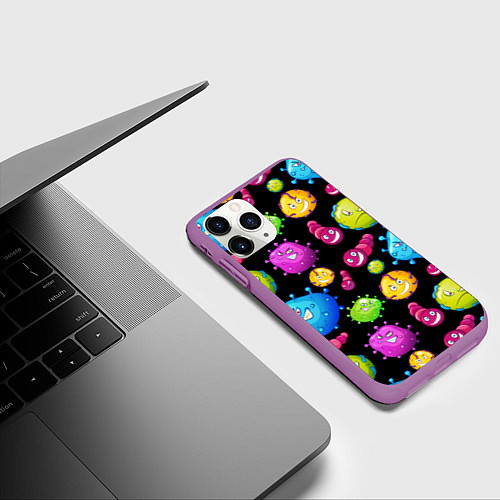 Чехол iPhone 11 Pro матовый Смешные бактерии паттерн / 3D-Фиолетовый – фото 3