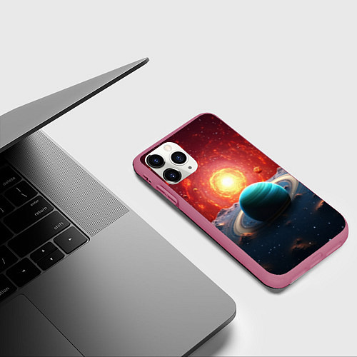 Чехол iPhone 11 Pro матовый Космос и разные планеты / 3D-Малиновый – фото 3