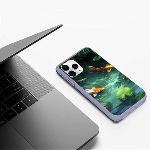 Чехол iPhone 11 Pro матовый Рыбки Кои плавают в пруду / 3D-Светло-сиреневый – фото 3