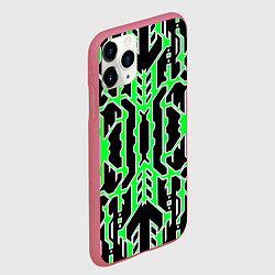 Чехол iPhone 11 Pro матовый Техно зелёные линии с белой обводкой на чёрном фон, цвет: 3D-малиновый — фото 2