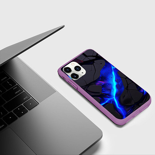 Чехол iPhone 11 Pro матовый Темный синий неон из разлома плит / 3D-Фиолетовый – фото 3