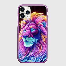 Чехол iPhone 11 Pro матовый Космический неоновый лев - нейросеть фантазия, цвет: 3D-фиолетовый