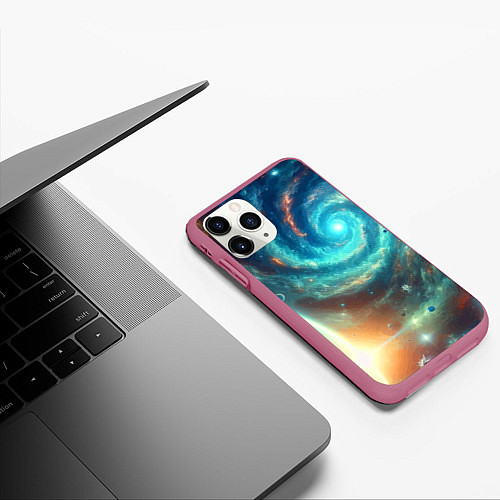 Чехол iPhone 11 Pro матовый Неоновая далёкая галактика - нейросеть / 3D-Малиновый – фото 3