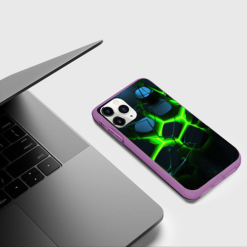 Чехол iPhone 11 Pro матовый Зеленый неон и разлом плит / 3D-Фиолетовый – фото 3
