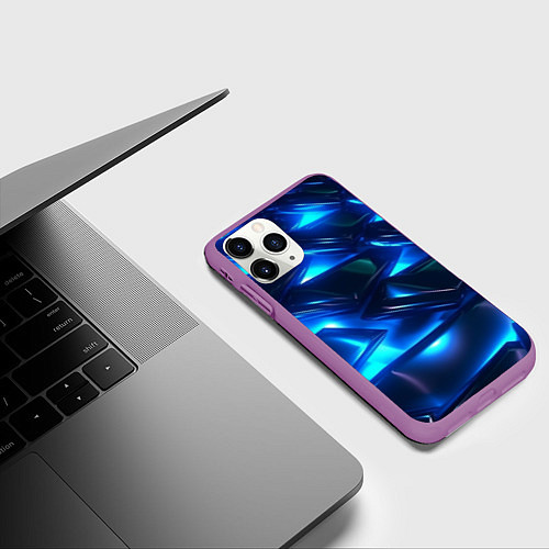 Чехол iPhone 11 Pro матовый Синие абстрактные неоновые плиты / 3D-Фиолетовый – фото 3