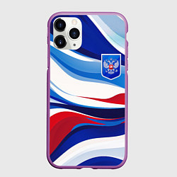 Чехол iPhone 11 Pro матовый Герб России на абстрактном фоне в цветах России, цвет: 3D-фиолетовый