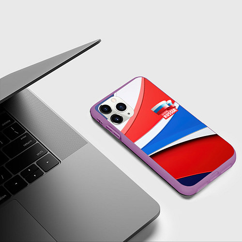 Чехол iPhone 11 Pro матовый Герб России на абстрактном фоне в цветах России / 3D-Фиолетовый – фото 3