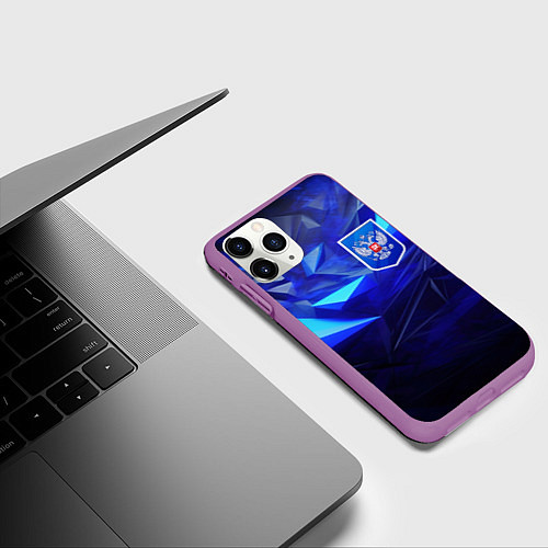 Чехол iPhone 11 Pro матовый Герб России на синей абстракции / 3D-Фиолетовый – фото 3
