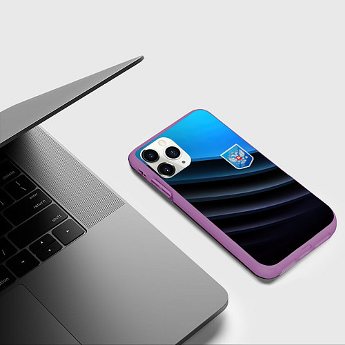 Чехол iPhone 11 Pro матовый Герб России и черно-синяя абстракция / 3D-Фиолетовый – фото 3