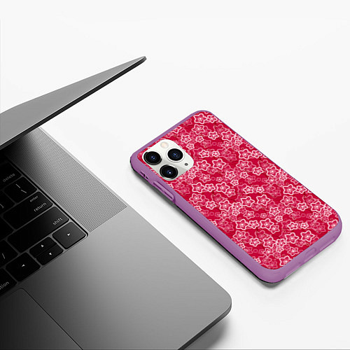 Чехол iPhone 11 Pro матовый Красно-белый цветочный узор ретро / 3D-Фиолетовый – фото 3