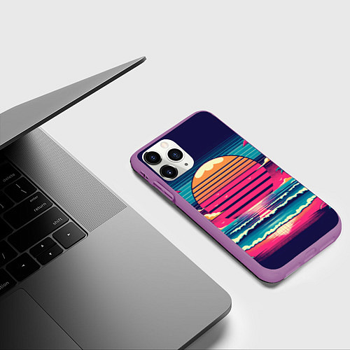 Чехол iPhone 11 Pro матовый Закат на пляже vaporwave / 3D-Фиолетовый – фото 3