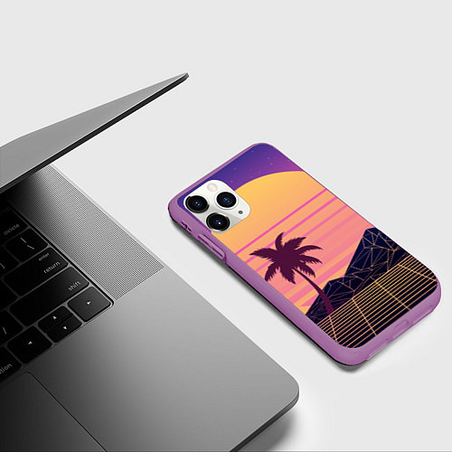 Чехол iPhone 11 Pro матовый Vaporwave геометрические горы и силуэты пальм / 3D-Фиолетовый – фото 3