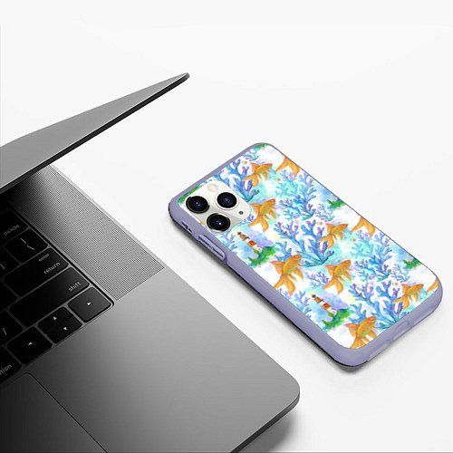 Чехол iPhone 11 Pro матовый Золотая рыбка и кораллы акварельные / 3D-Светло-сиреневый – фото 3