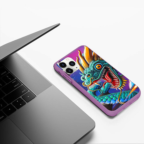 Чехол iPhone 11 Pro матовый Фантастическая космическая композиция с драконом - / 3D-Фиолетовый – фото 3