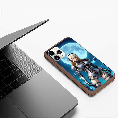 Чехол iPhone 11 Pro матовый Кибер Барби из будущего под луной - нейросеть / 3D-Коричневый – фото 3