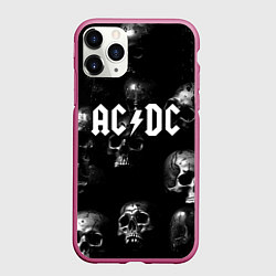 Чехол iPhone 11 Pro матовый AC DC - черные черепа, цвет: 3D-малиновый