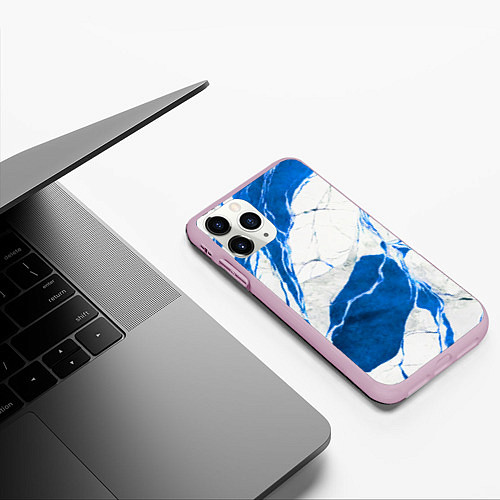 Чехол iPhone 11 Pro матовый Бело-синий мрамор / 3D-Розовый – фото 3