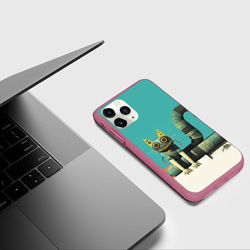 Чехол iPhone 11 Pro матовый Механический зеленый кот / 3D-Малиновый – фото 3