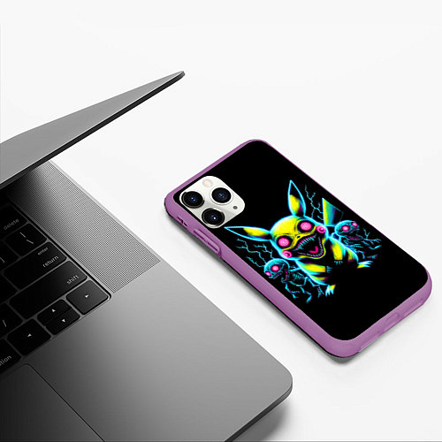 Чехол iPhone 11 Pro матовый Pikachu and skeletons - neon glow ai art / 3D-Фиолетовый – фото 3