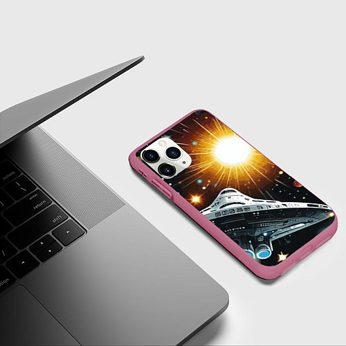 Чехол iPhone 11 Pro матовый Космолёт в неоновом космосе - нейросеть / 3D-Малиновый – фото 3