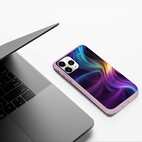 Чехол iPhone 11 Pro матовый Радужные неоновые волны и разводы на черном фоне / 3D-Розовый – фото 3