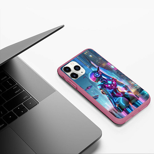 Чехол iPhone 11 Pro матовый Cyberpunk girl - neon glow ai art / 3D-Малиновый – фото 3