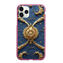 Чехол iPhone 11 Pro матовый Золотые узоры на синей ткани, цвет: 3D-малиновый