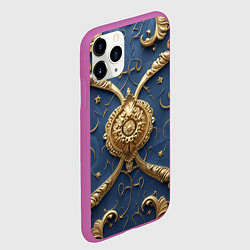 Чехол iPhone 11 Pro матовый Золотые узоры на синей ткани, цвет: 3D-фиолетовый — фото 2