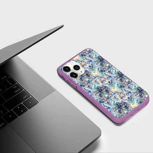Чехол iPhone 11 Pro матовый Паттерн из волков / 3D-Фиолетовый – фото 3