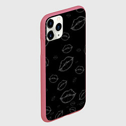Чехол iPhone 11 Pro матовый Паттерн серый контур губ на чёрном - lips black, цвет: 3D-малиновый — фото 2