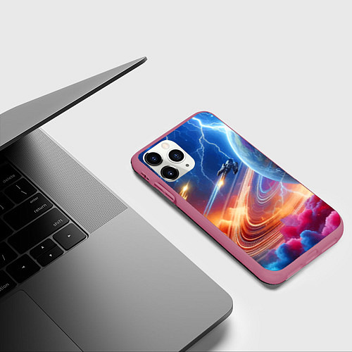 Чехол iPhone 11 Pro матовый Полёт к сатурну - нейросеть / 3D-Малиновый – фото 3