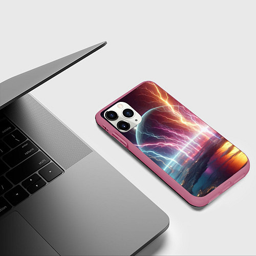 Чехол iPhone 11 Pro матовый Неоновый космос - разряд молний / 3D-Малиновый – фото 3