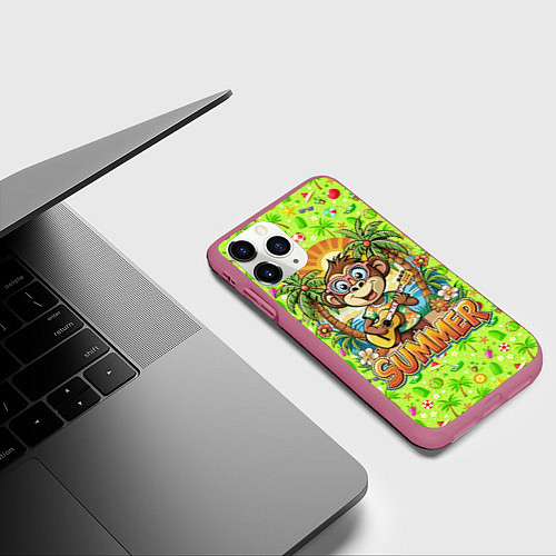 Чехол iPhone 11 Pro матовый Обезьяна с гитарой летний вайб / 3D-Малиновый – фото 3