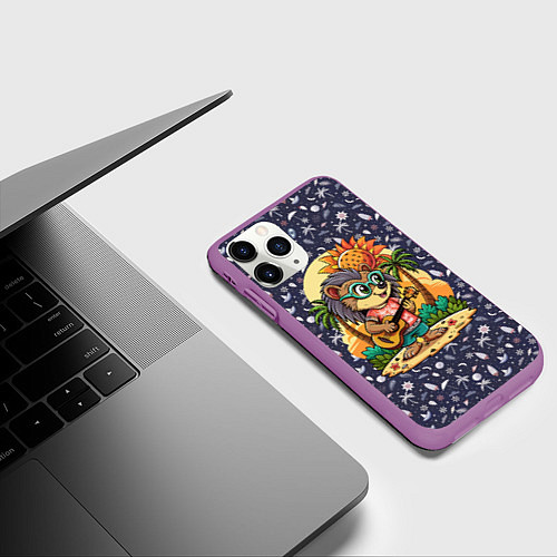 Чехол iPhone 11 Pro матовый Ежик играет на гитаре жаркое лето / 3D-Фиолетовый – фото 3