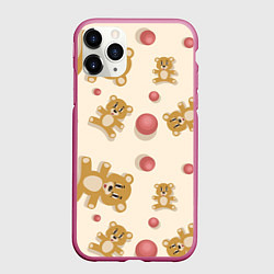 Чехол iPhone 11 Pro матовый Узор с мишками и мячиками, цвет: 3D-малиновый