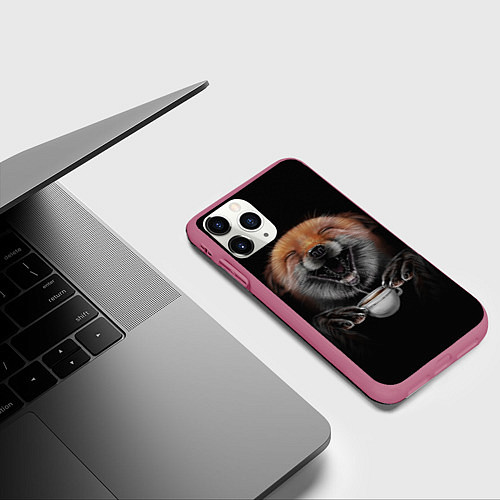 Чехол iPhone 11 Pro матовый Лис с чашечкой кофе / 3D-Малиновый – фото 3